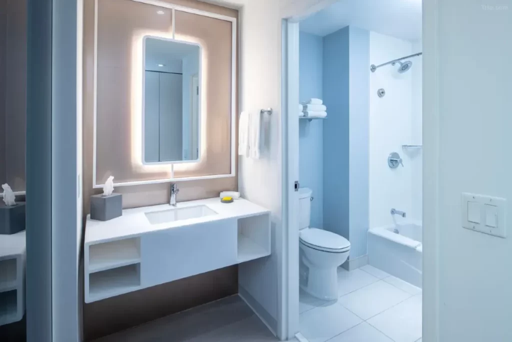 Banheiro do Stella Nova Hotel em Orlando, com design clean, espelho iluminado e banheira.