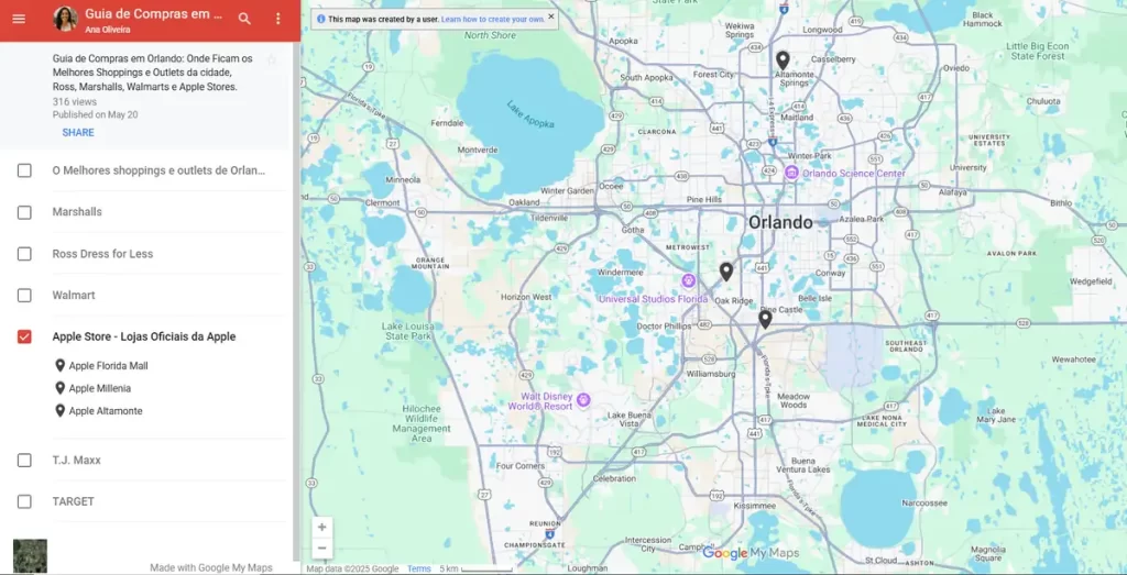 mapa das lojas apple (Apple Store) em Orlando