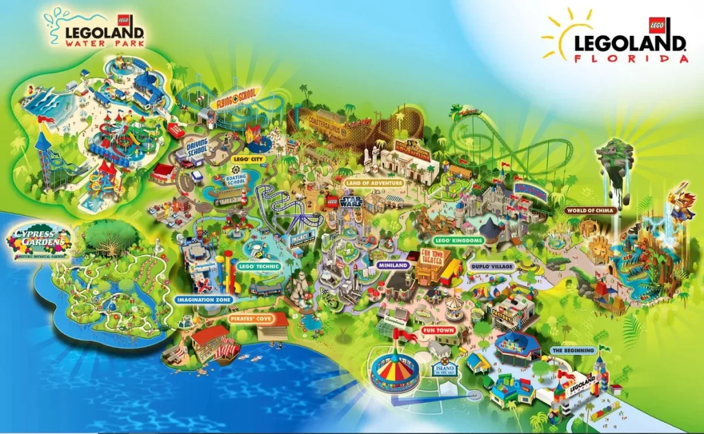 Mapa ilustrado do parque LEGOLAND Florida com áreas temáticas destacadas