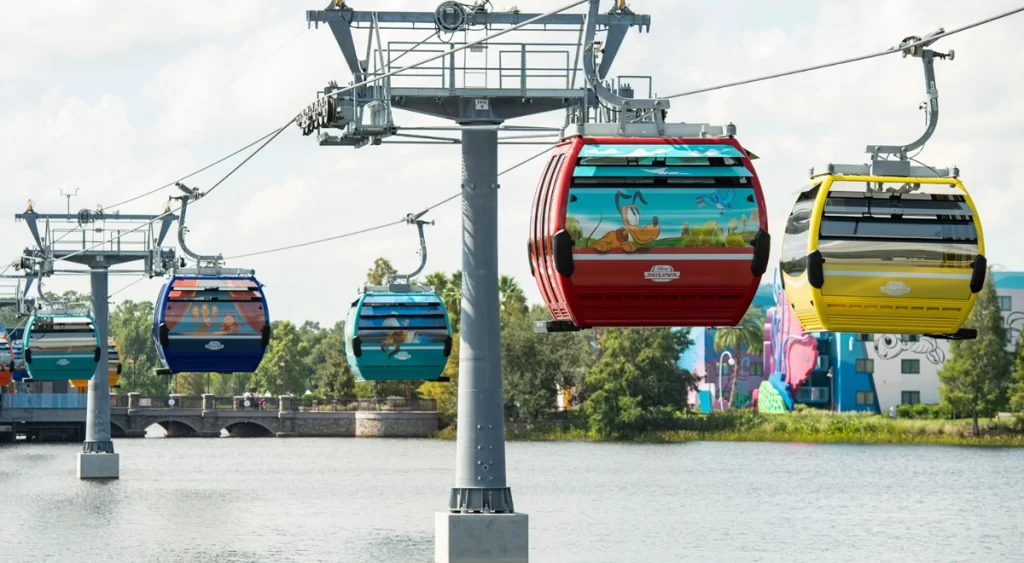 Cabines do Skyliner atravessando um lago com personagens visíveis nas janelas.