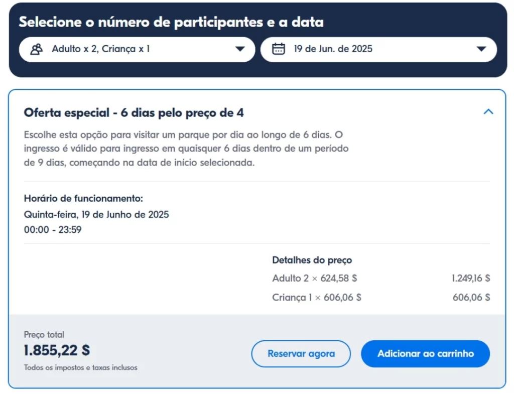 Tela de seleção de ingressos Disney com oferta de 6 dias pelo preço de 4, mostrando preço total de 1.855,22 dólares para dois adultos e uma criança, válida a partir de 19 de junho de 2025.