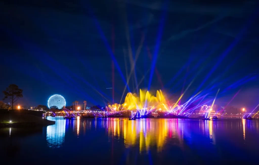 Vista panorâmica dos efeitos visuais do show Luminous no EPCOT