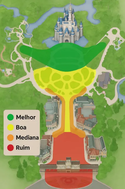 Mapa de melhors lugares para assistir ao show de fogos no Magic Kingdom