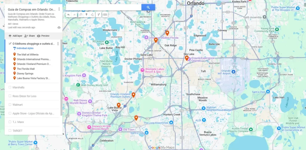Mapa de Orlando destacando os principais shoppings e outlets, incluindo The Mall at Millenia, Orlando International Premium Outlets, Orlando Vineland Premium Outlets, The Florida Mall, Disney Springs e Lake Buena Vista Factory Stores, próximos às atrações como Disney e Universal