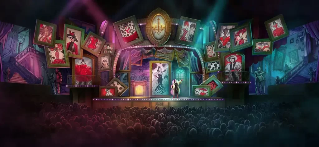 Cruella em um palco estilizado com molduras exibindo ilustrações de vestidos, representando sua versão da história.
