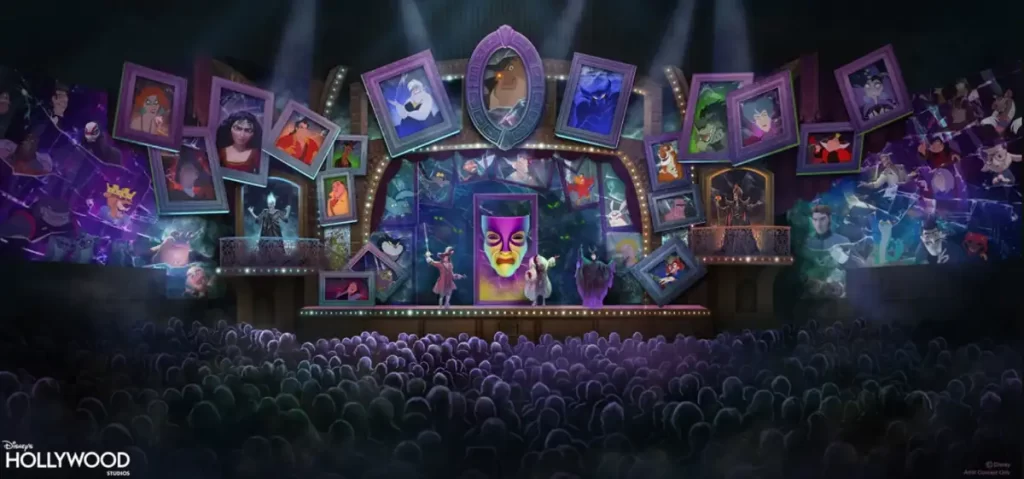 Palco com molduras mágicas exibindo vilões da Disney durante o novo espetáculo noturno no Hollywood Studios.