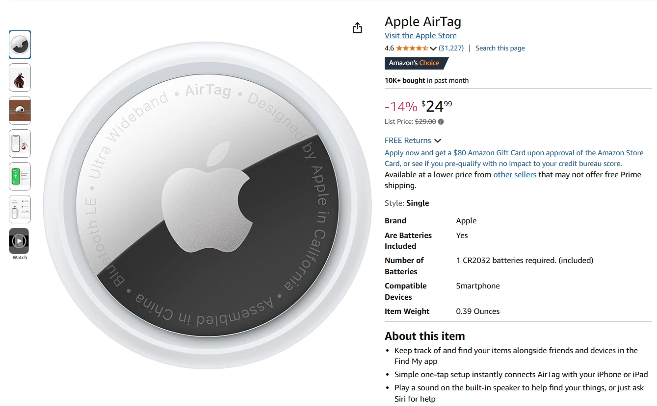 Apple AirTag rastreador Bluetooth para localizar objetos.