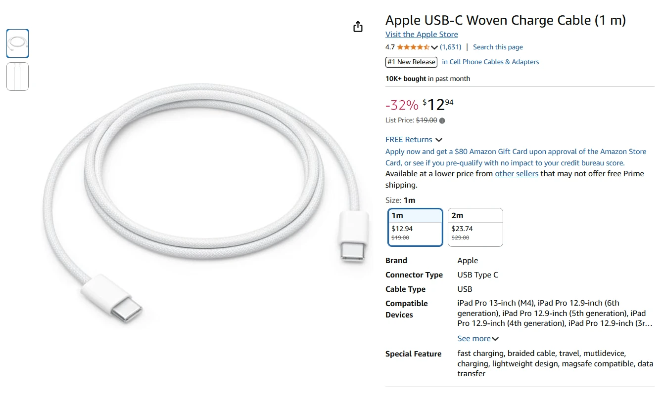 Cabo Apple USB-C trançado de 1 metro.