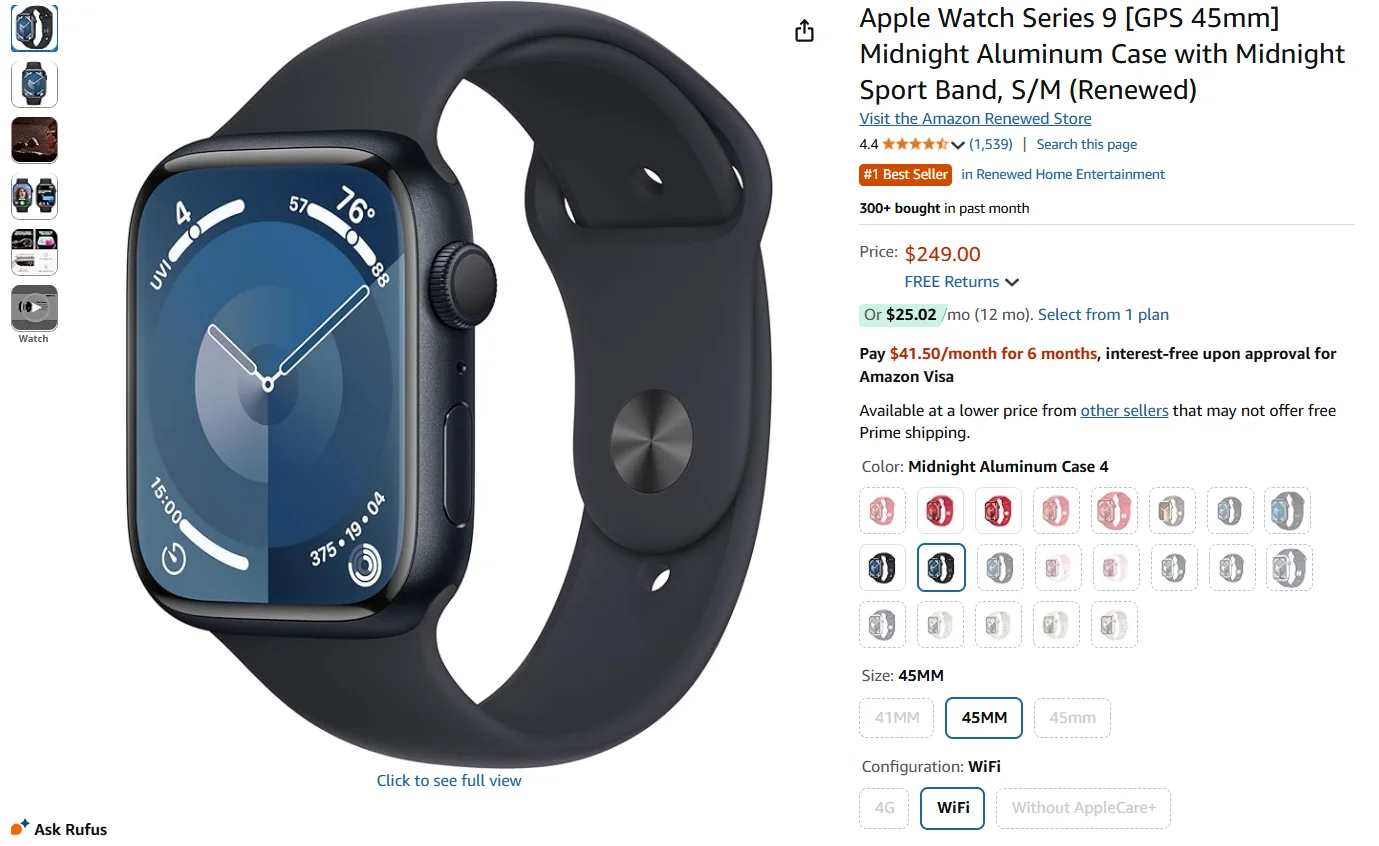 Apple Watch Series 9 em versão renewed com pulseira Midnight.