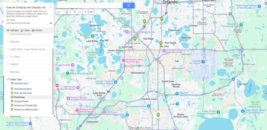 Mapa de Orlando destacando outlets, shoppings e lojas como Dollar Tree, Walmart, Apple Store e mais, próximo às principais atrações turísticas como Disney, Universal Studios e Orlando Vineland Premium Outlets.