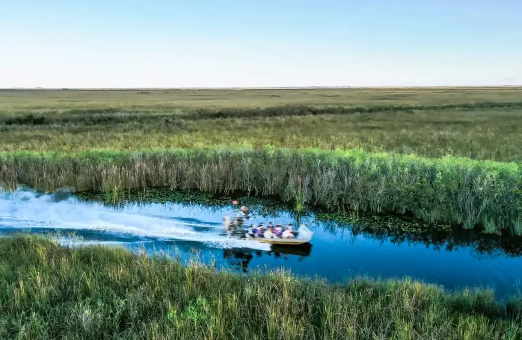 Vista aérea de airboat navegando canal nos Everglades