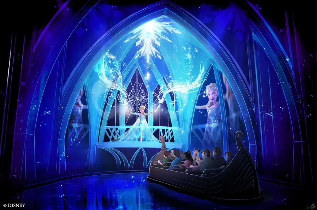 epcot com crianças - Cena mágica com Elsa na atração Frozen Ever After no Epcot
