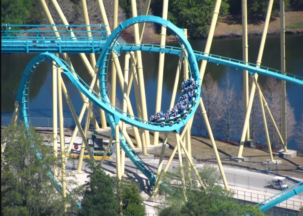 Montanha-russa Kraken fazendo um looping vertical sobre a água no SeaWorld Orlando