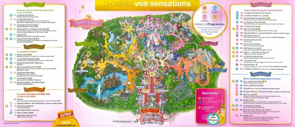 Mapa ilustrado da Disneyland Paris com atrações e zonas coloridas em destaque