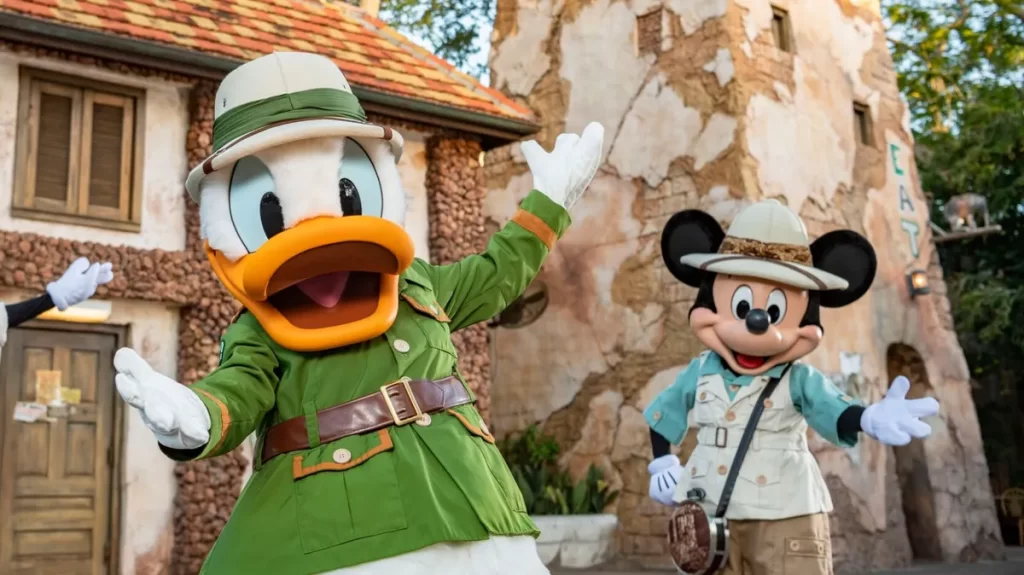 Donald e Mickey com roupas de safári no restaurante Tusker House, no Animal Kingdom