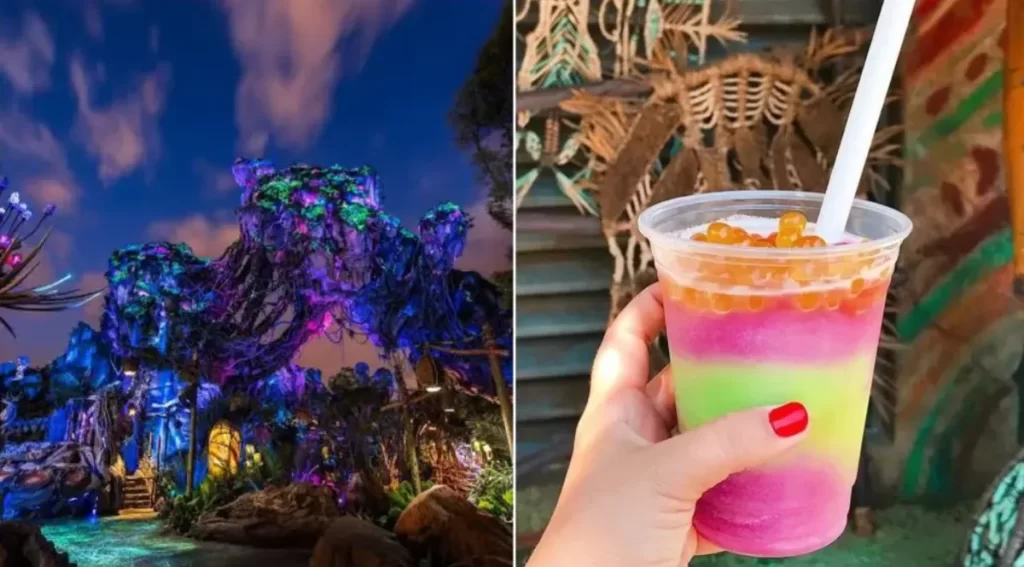 Bebida Night Blossom com camadas coloridas e pérolas de maracujá, servida em Pandora