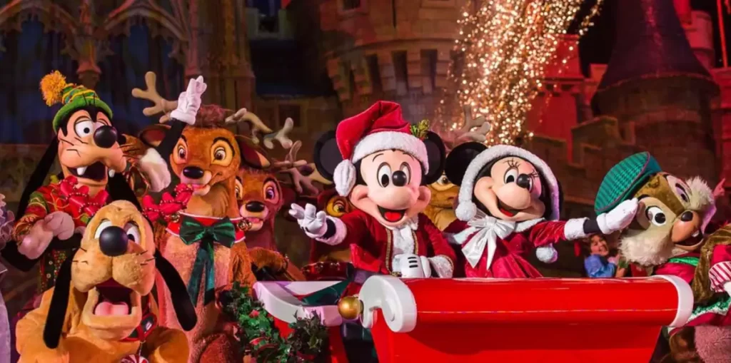 Parada de Natal com personagens Disney em Orlando 2025
