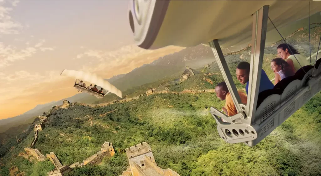 Sobrevoando a Muralha da China na atração Soarin' no Epcot