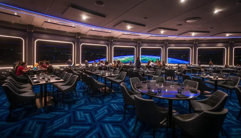 Interior do restaurante Space 220 no EPCOT com vista espacial simulada