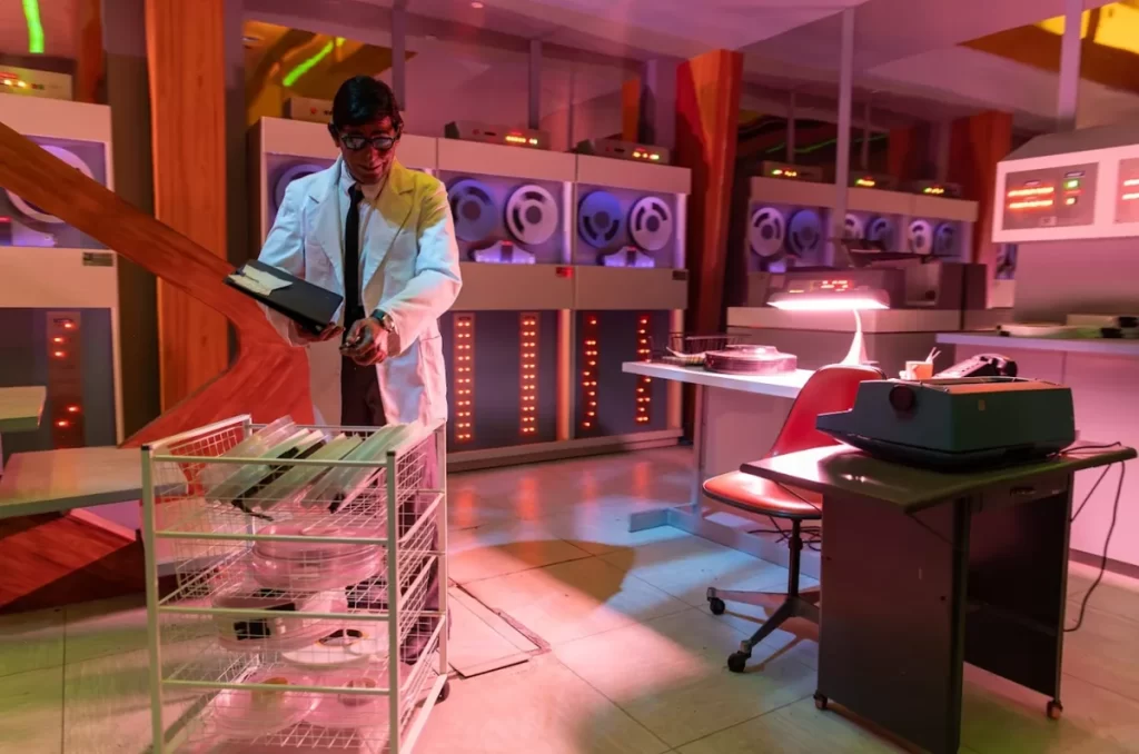 Ambiente retrô com computadores antigos na Spaceship Earth no Epcot