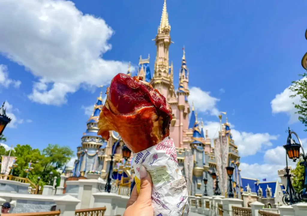 Perna de peru no Magic Kingdom em frente ao castelo da Cinderela