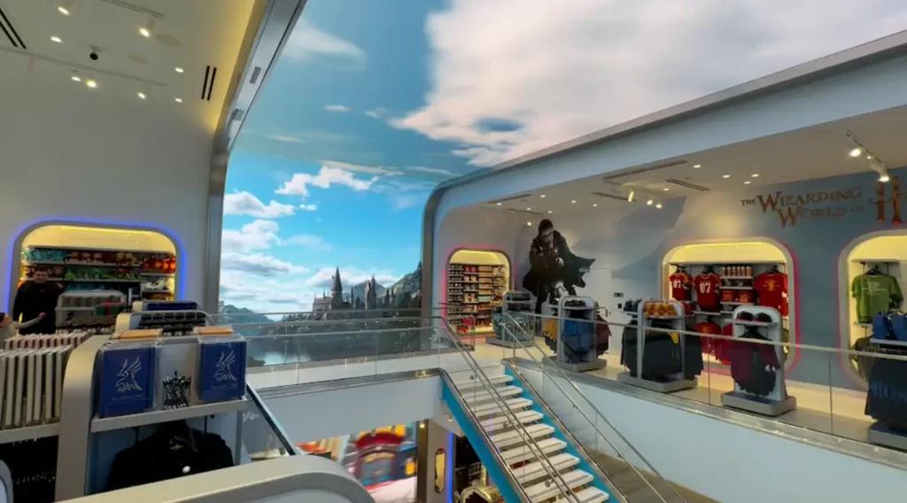 Segundo andar da loja Universal Orlando Resort no Aeroporto de Orlando, com destaque para a área de Harry Potter