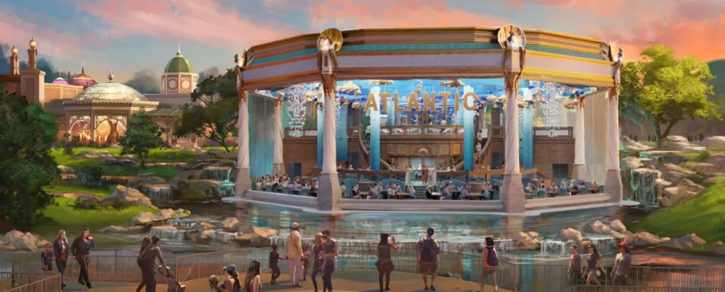 Restaurante Atlantic no Celestial Park com fachada de vidro e ambiente luxuoso à beira d’água