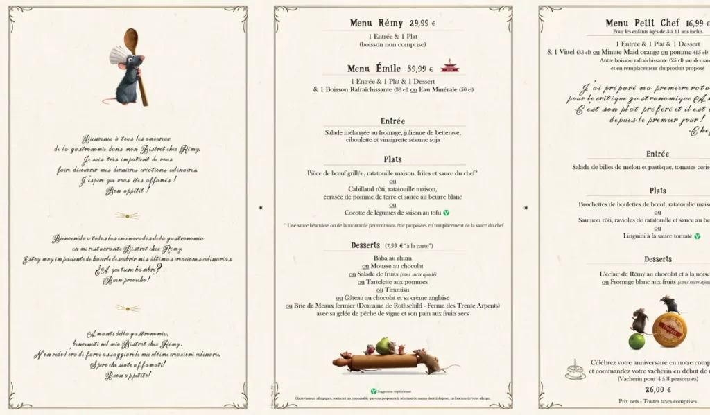 Menu do Bistrot Chez Rémy com pratos inspirados no filme Ratatouille