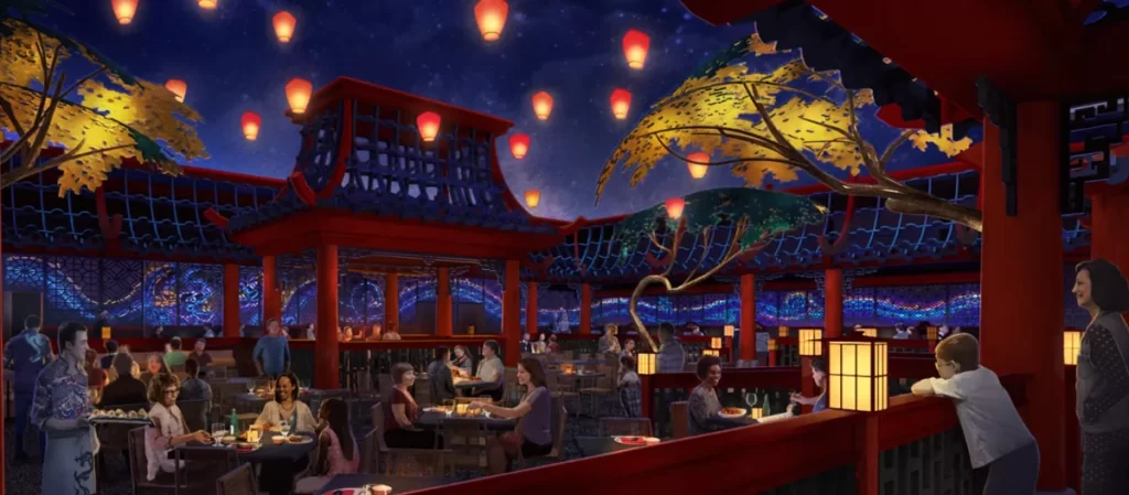 Ambiente interno noturno do restaurante Blue Dragon com lanternas flutuantes e decoração asiática