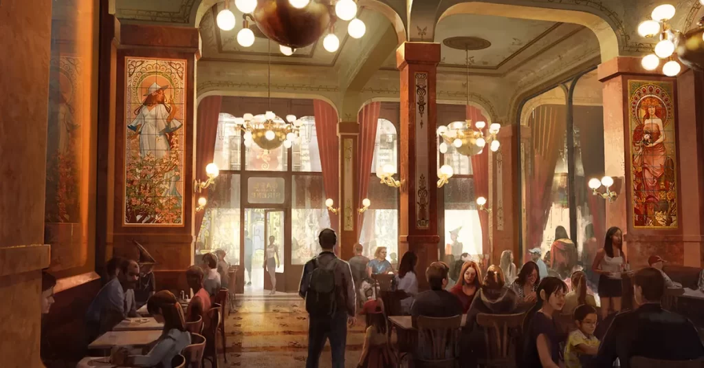 Interior elegante e mágico do Café L’air De La Sirène no Epic Universe.