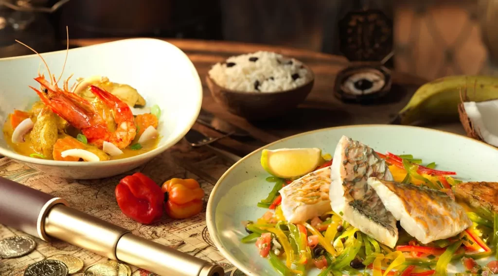 Prato de peixe e camarão servido no restaurante Captain Jack's – Disneyland Paris