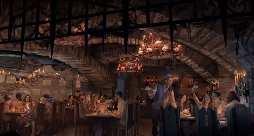 Interior do restaurante Das Stakehaus com decoração sombria, candelabros e mesas iluminadas por velas