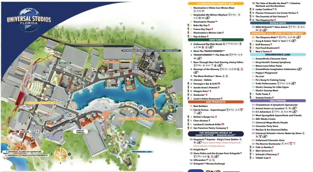 Mapa oficial do parque Universal Studios Florida com áreas temáticas e atrações numeradas.