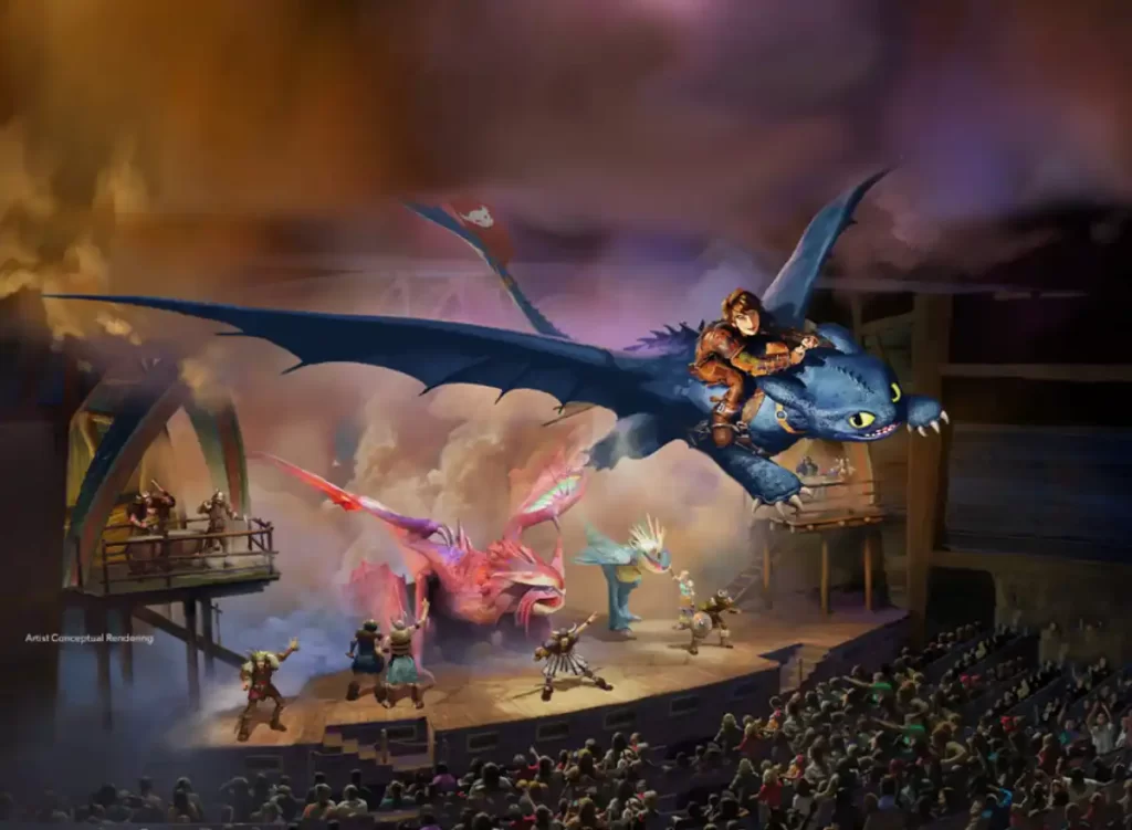 Show ao vivo com Soluço e os dragões voando sobre o palco em Berk.