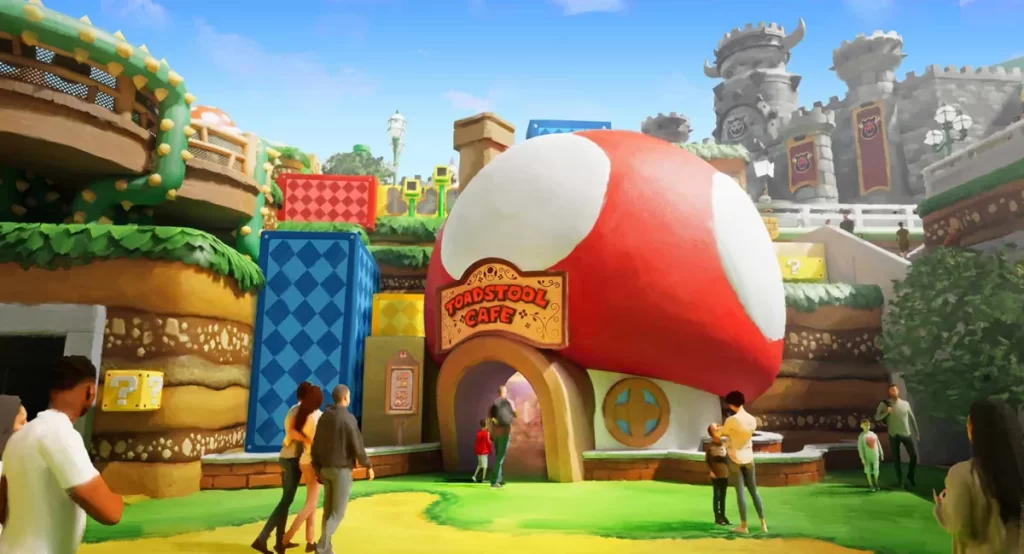 Fachada temática em forma de cogumelo do Toadstool Café no Super Nintendo World com visitantes