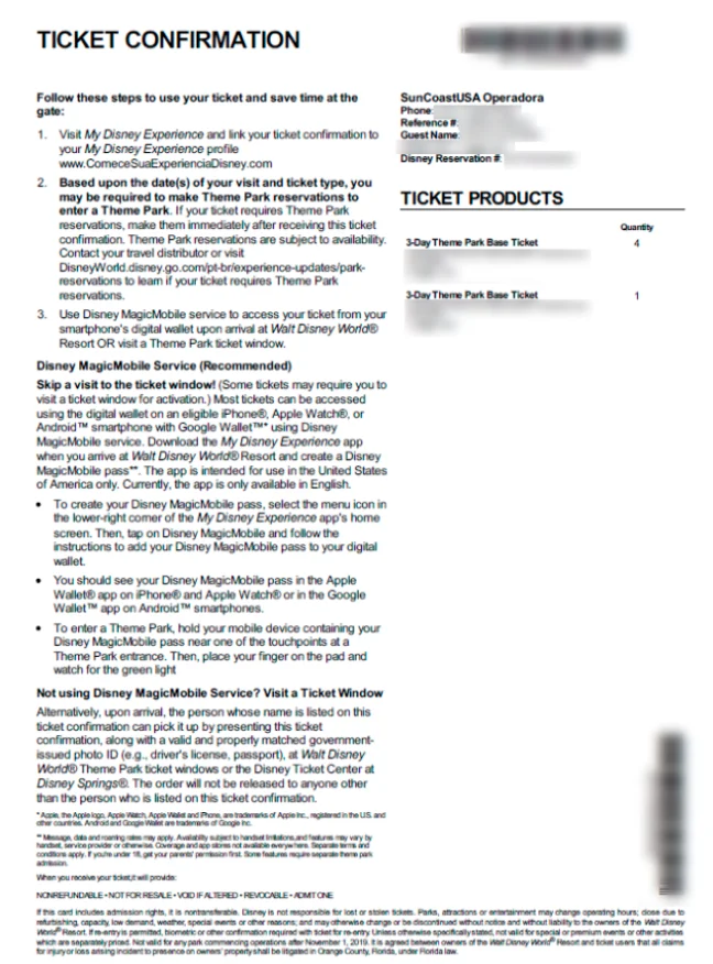 Confirmação oficial de ingressos Disney emitidos pela operadora autorizada, vinculados ao aplicativo My Disney Experience.