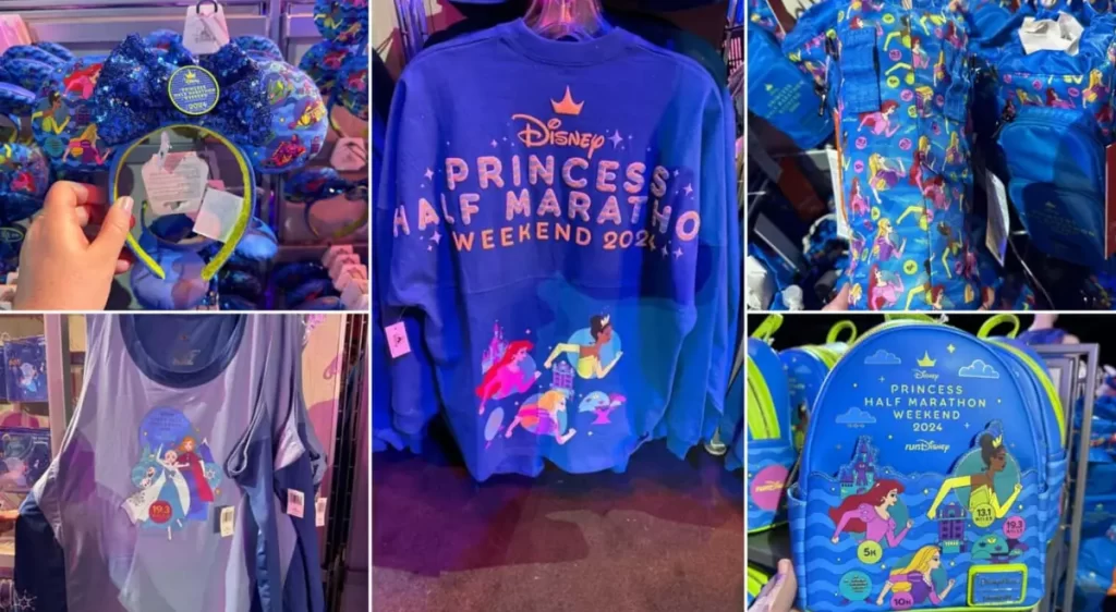 Coleção de produtos oficiais Disney Princess Half Marathon 2024 com mochilas, camisetas e acessórios