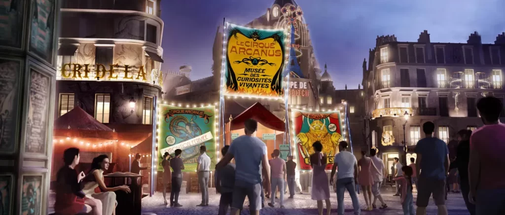 Entrada iluminada do Cirque Arcanus na área de Harry Potter do Epic Universe