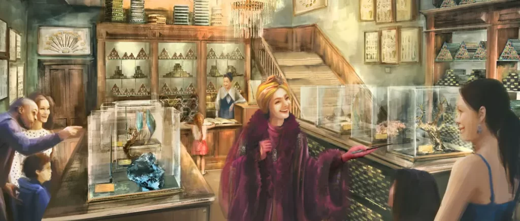 Família interagindo com vitrine mágica do Niffler no Epic Universe