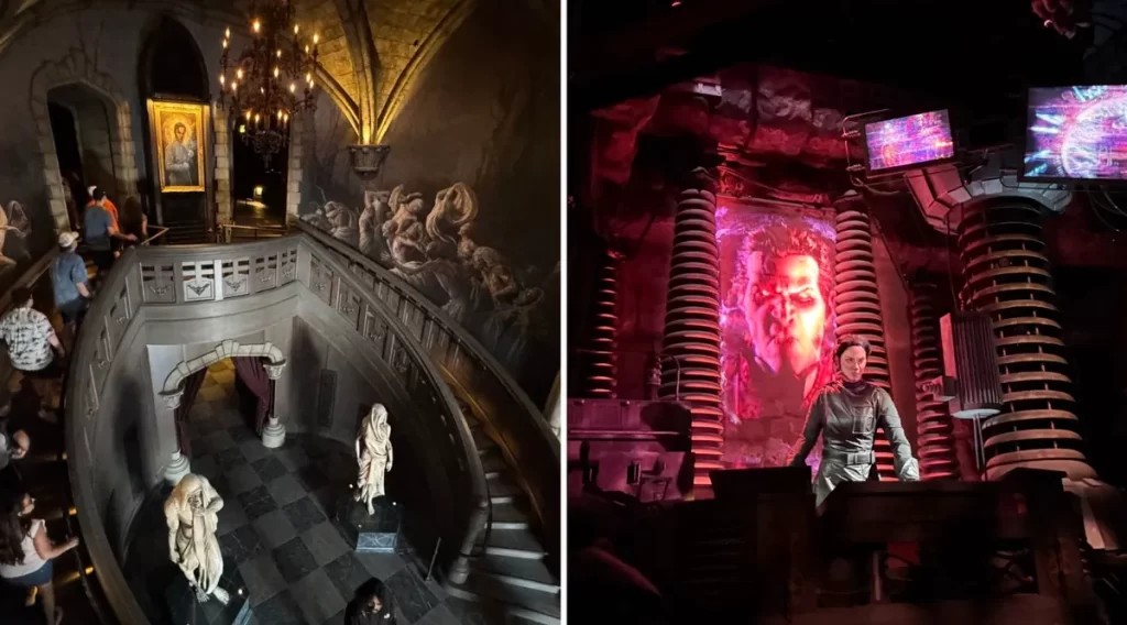 Interior gótico do Monsters Unchained com cenário de laboratório no Epic Universe.