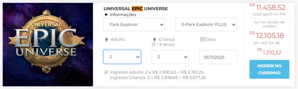 Tela de compra de ingressos Universal Epic Universe 2025 com valores em reais, opção de pagamento no PIX e no cartão de crédito parcelado.