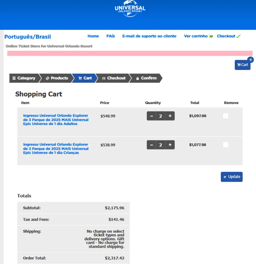 Carrinho de compras oficial da Universal Orlando mostrando ingressos Explorer 3 Parques 2025 + Universal Epic Universe, com valores em dólares para adultos e crianças.