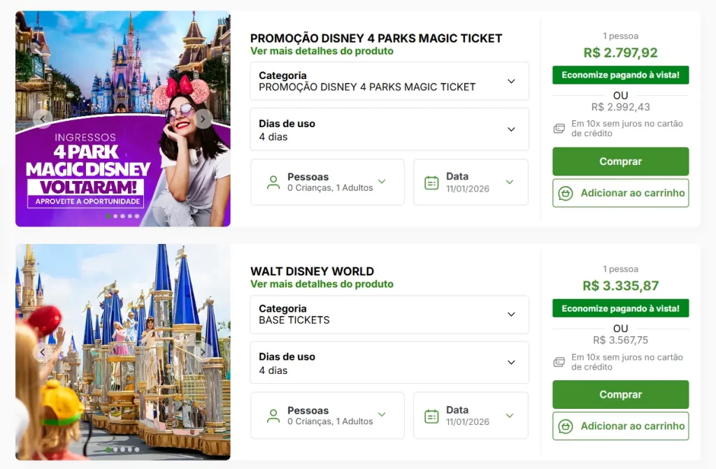 Na Loja Orlando Para Brasileiros: o ingresso Disney 4 Parks Magic para 1 adulto em Janeiro 2026 sai com desconto de R$ 537,95 (16%).