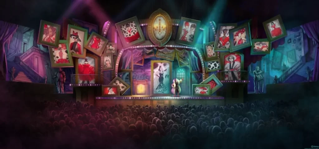 Palco estilizado com quadros e imagens de moda, inspirado na Cruella de Vil, com público assistindo.