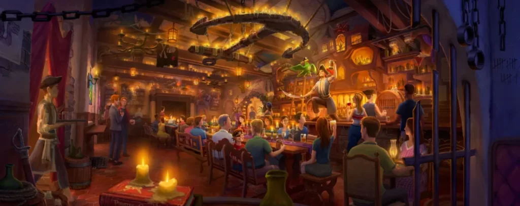 Novo Restaurante Piratas do Caribe Magic Kingdom - Arte conceitual da taverna pirata The Beak and the Barrel, com ambiente vibrante e marinheiros brindando.