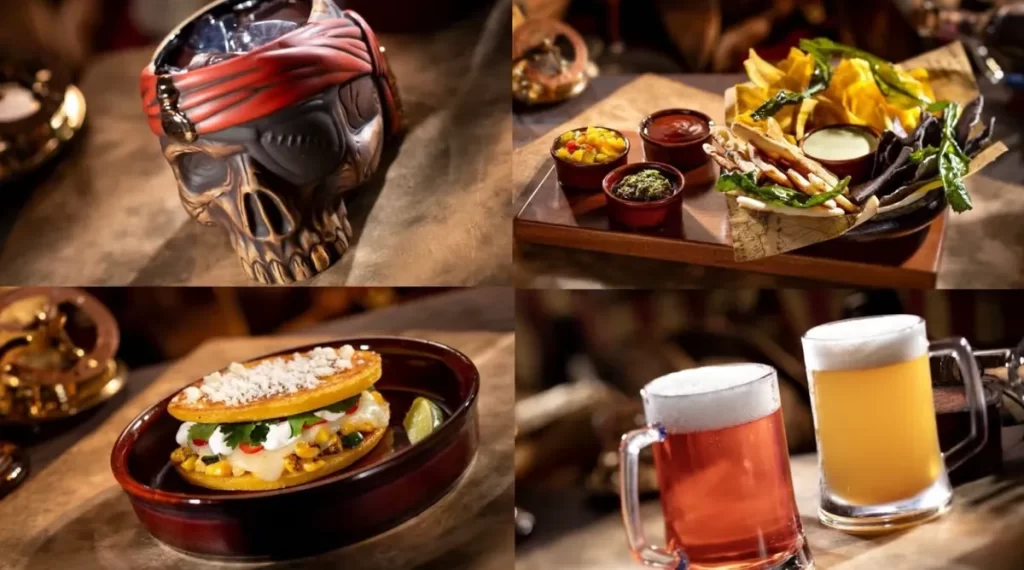 Pratos e bebidas temáticas servidas na The Beak and the Barrel, incluindo coquetéis em canecas piratas e petiscos caribenhos.