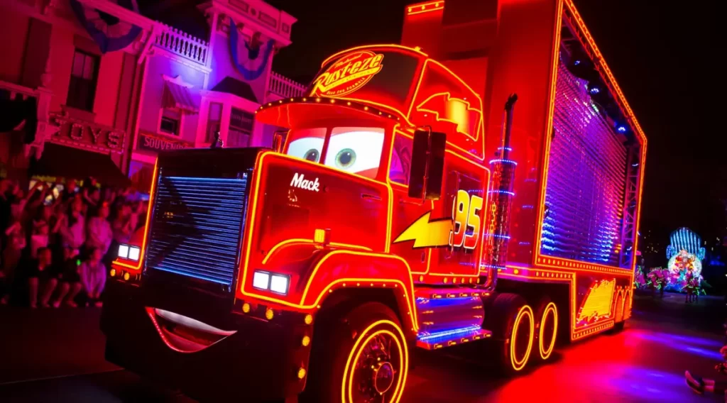 Caminhão Mack iluminado da Pixar no desfile noturno “Cars” da Disney California Adventure, com luzes de neon vermelhas e douradas.
