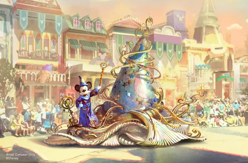 Arte conceitual da Disney mostra Mickey Feiticeiro com chapéu mágico e decoração dourada no desfile Magic Happens.