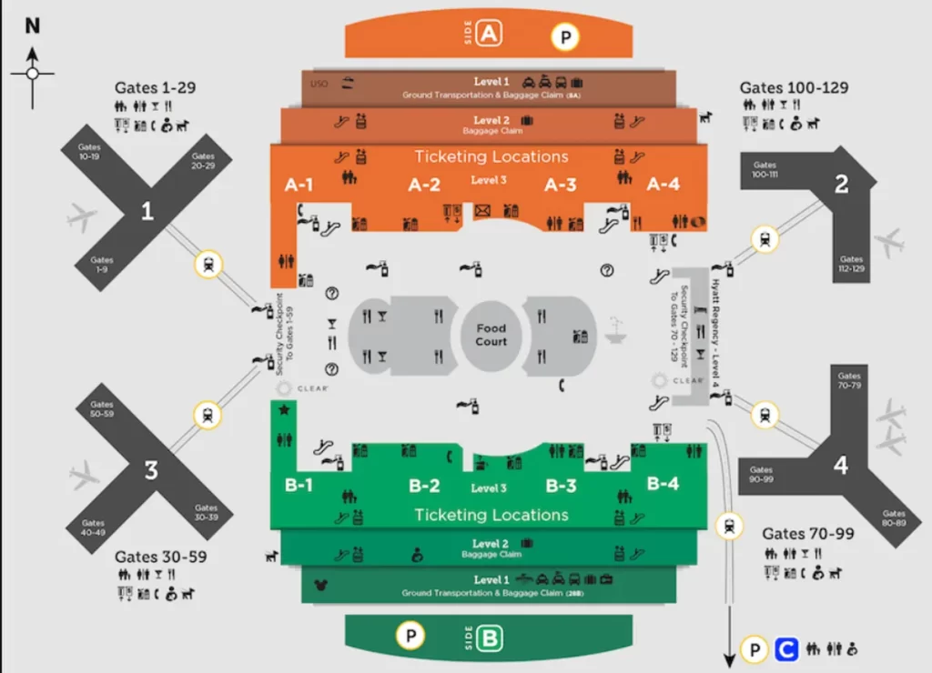 mapa aeroporto orlando airsides 1 2 3 e 4 e átrio central onde fica o Hyatt Regency Hotel