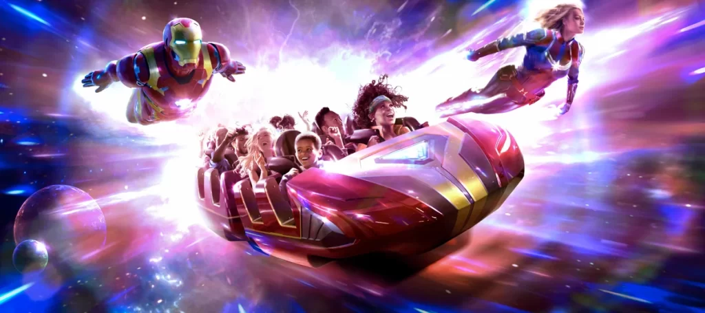 Montanha-russa Avengers Assemble: Flight Force no Avengers Campus, Disneyland Paris, com Iron Man e Capitã Marvel em missão intergaláctica.